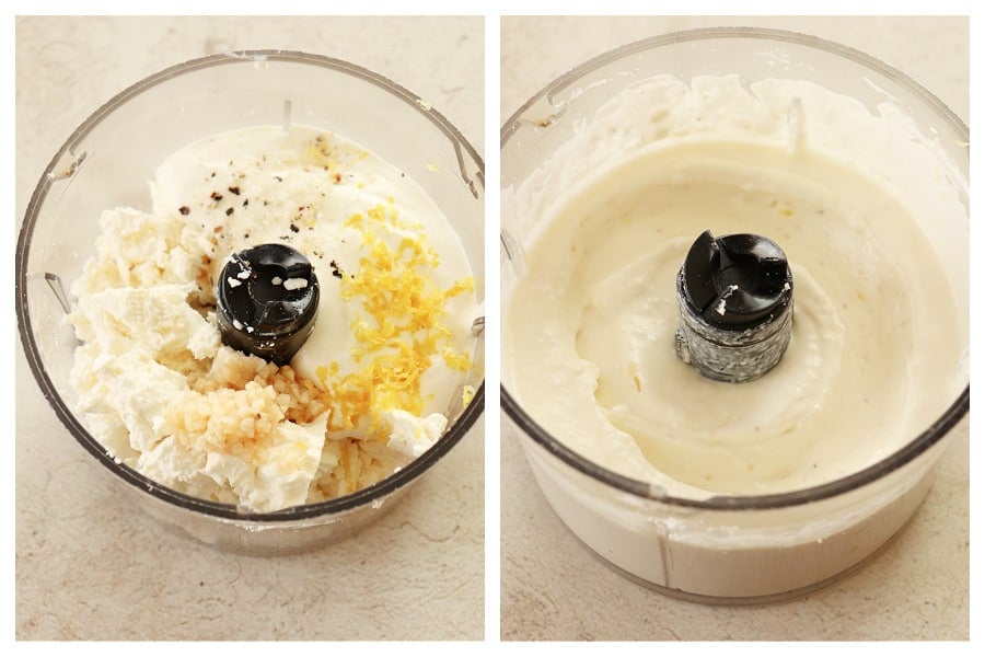 Ingredients for feta dip in a small food processor and whipped.