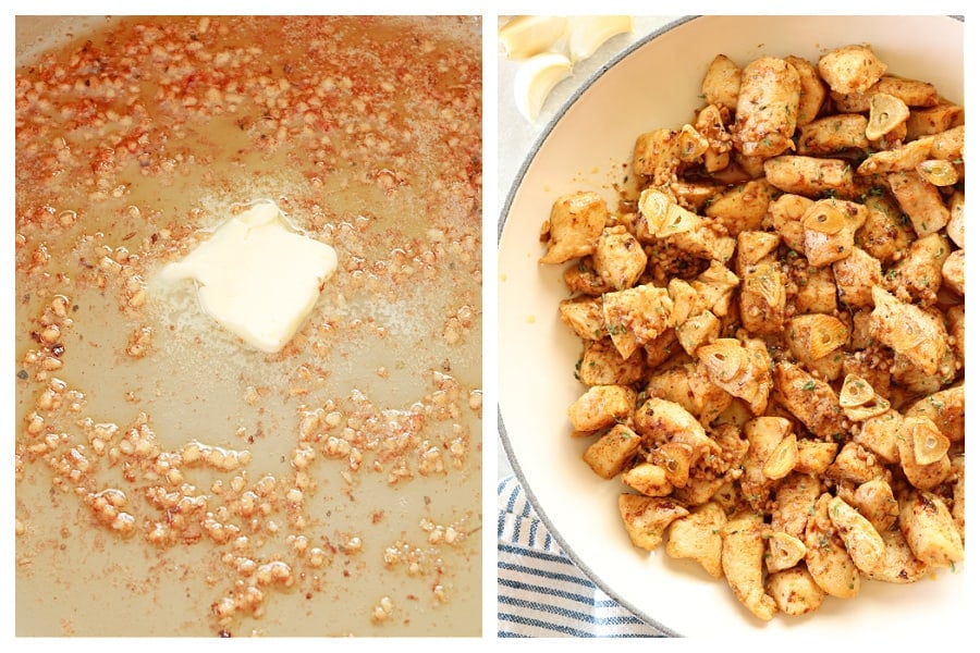 Butter garlic sauce in a skillet and chicken added to sauce.