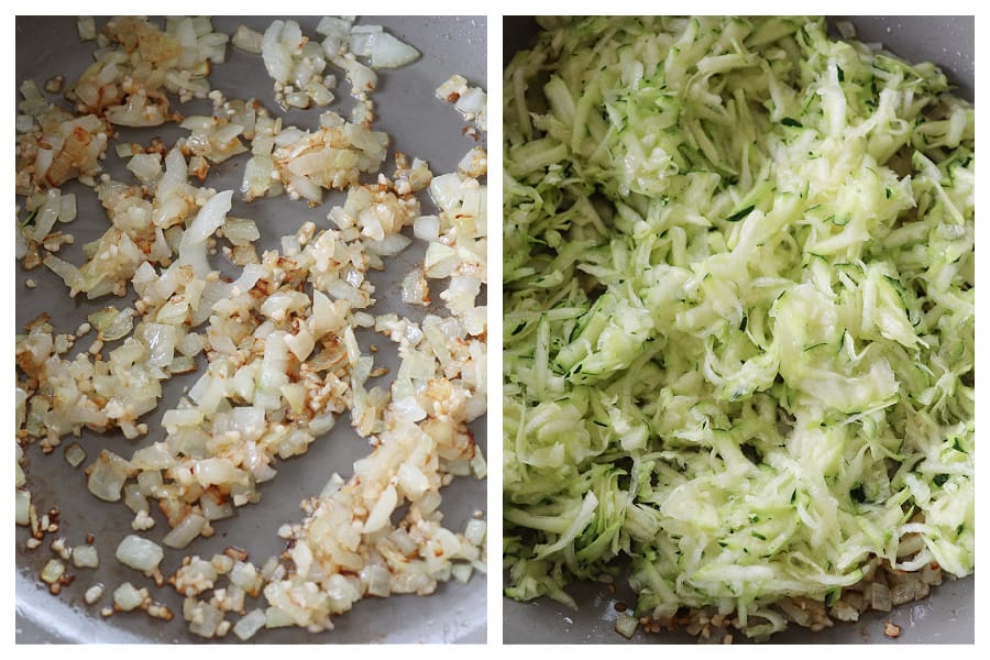 Sauteed onions and garlic in a pan, added shredded zucchini.