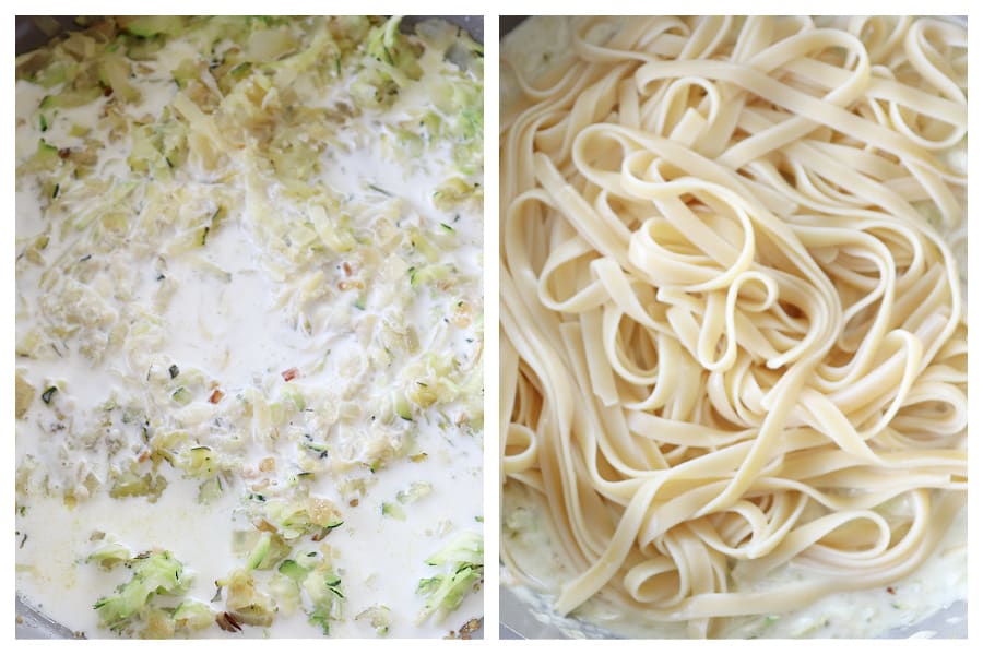 Cream and cooked fettuccine added to zucchini in pan.