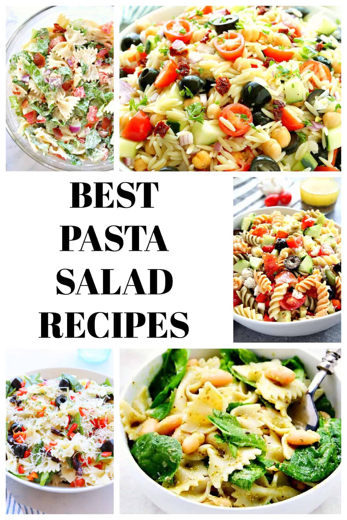 Best pasta salad recipes. Photo collage with photos of pasta salads and text.