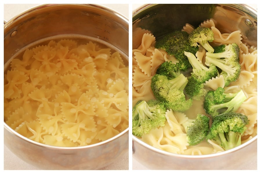 Bow tie pasta in a pot with water and with broccoli.