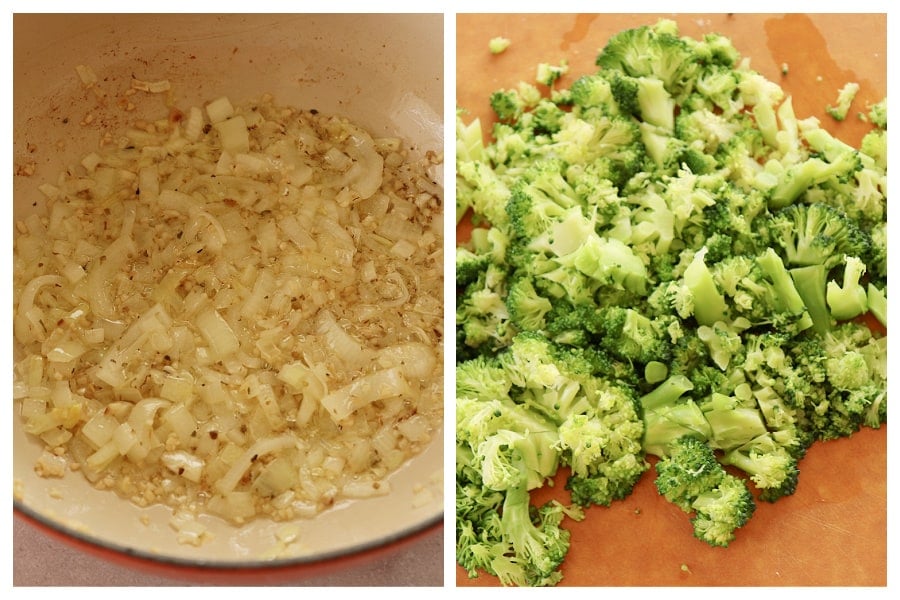 Diced onion in a pan and broccoli on a cutting board.