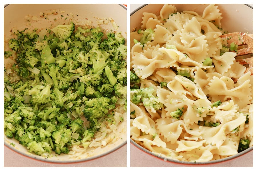 Broccoli in a pan and pasta with cheese in the pan.