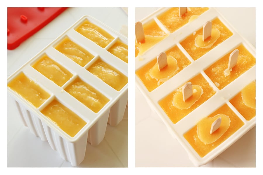 Miscela di mango fresca in stampini per ghiaccioli e surgelata.