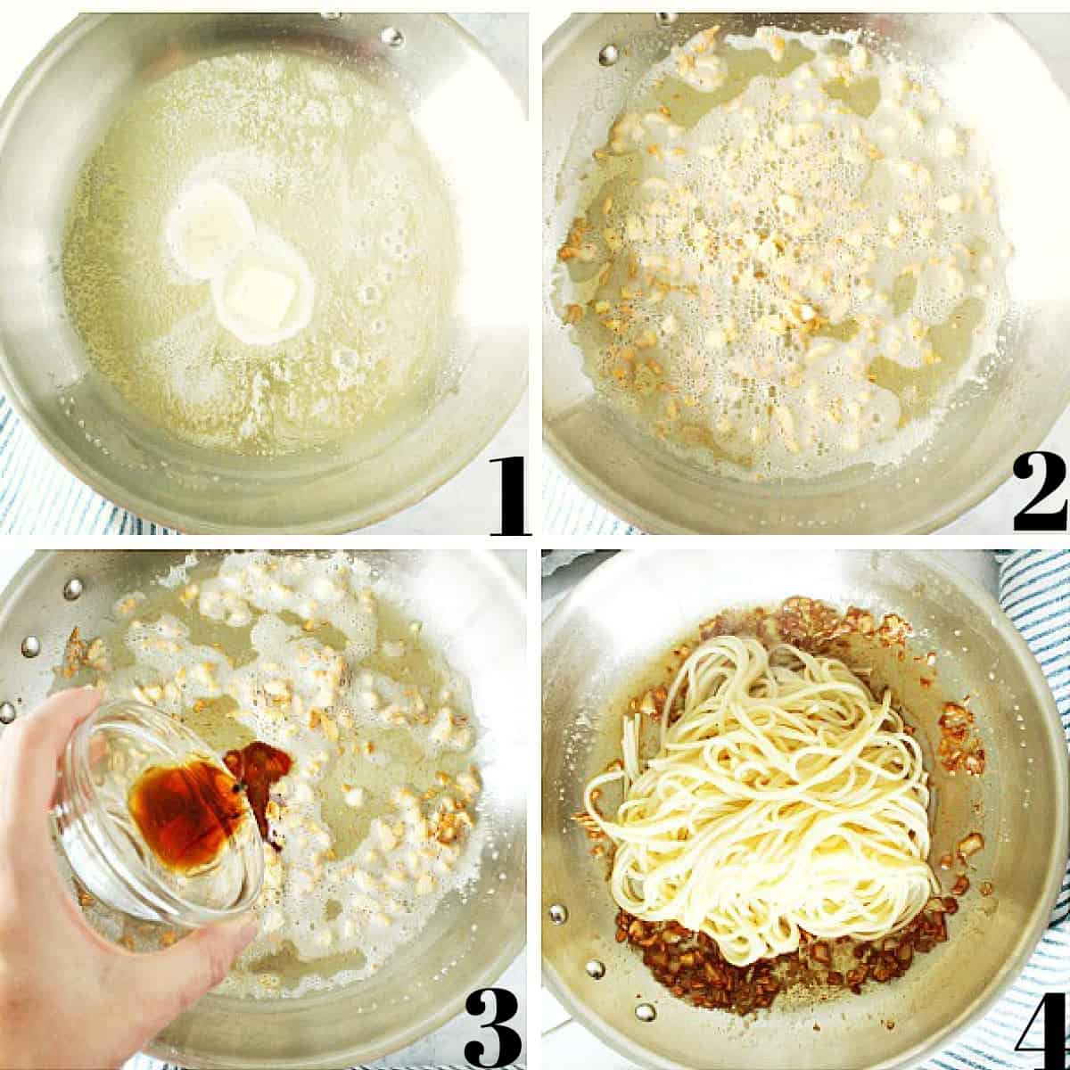 Collage of steps to making garlic noodles.