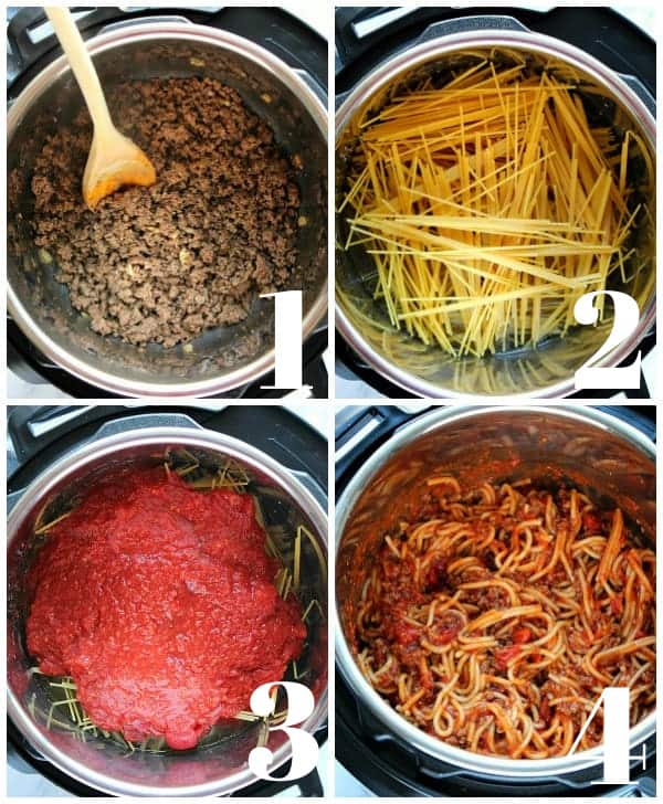 Four photos of steps for making spaghetti in the pressure cooker.
