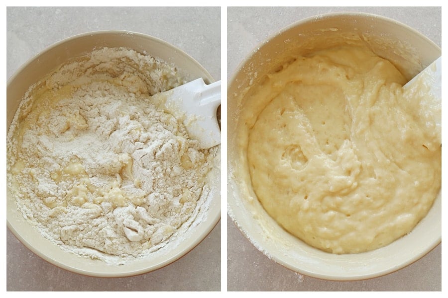 Flour mixture added to wet ingredients and cake batter in a mixing bowl.