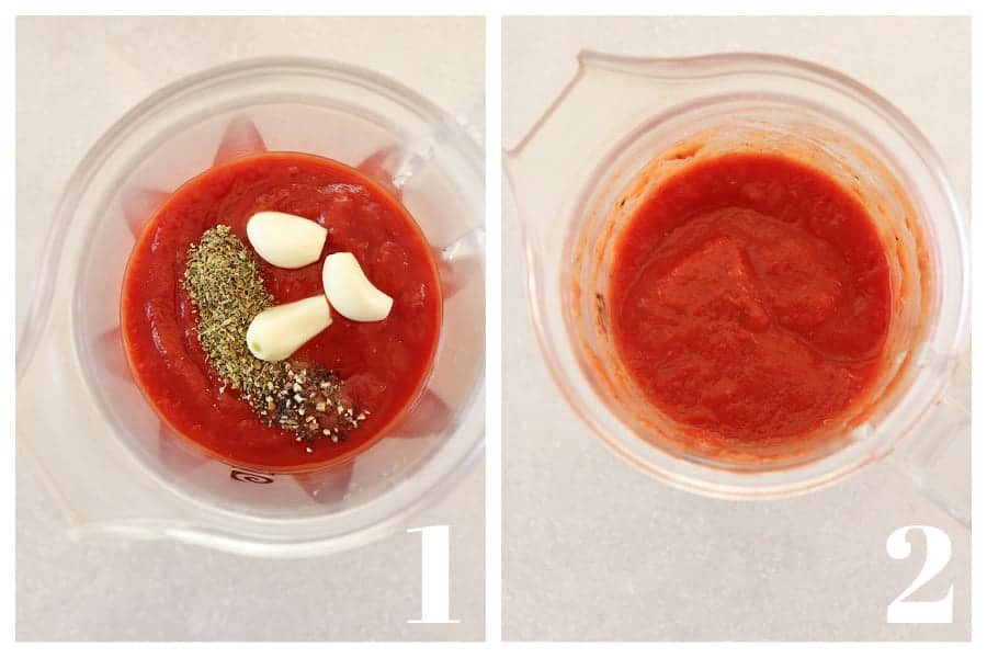 Two images of pizza sauce ingredients in a blender and blended.