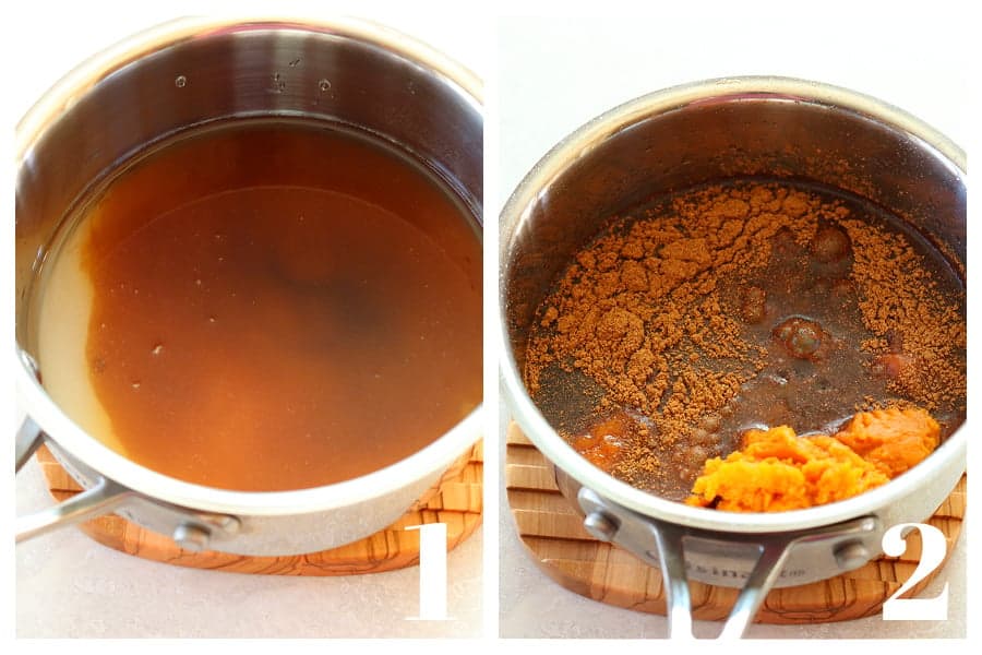 Simple syrup in a stainless steel pot and with added pumpkin puree and spice.