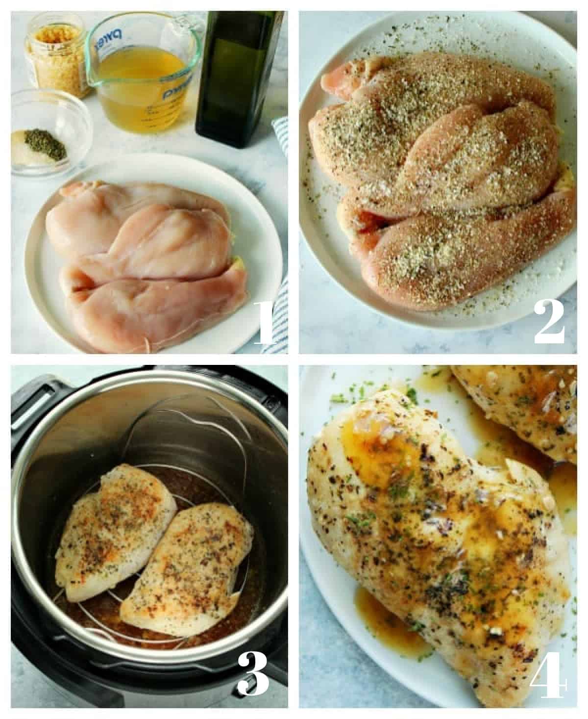 Four photos of steps for making chicken breast in the Instant Pot.