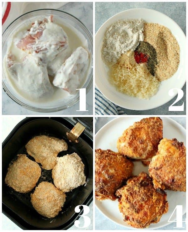 Four photos of steps of making fried chicken in the air fryer.