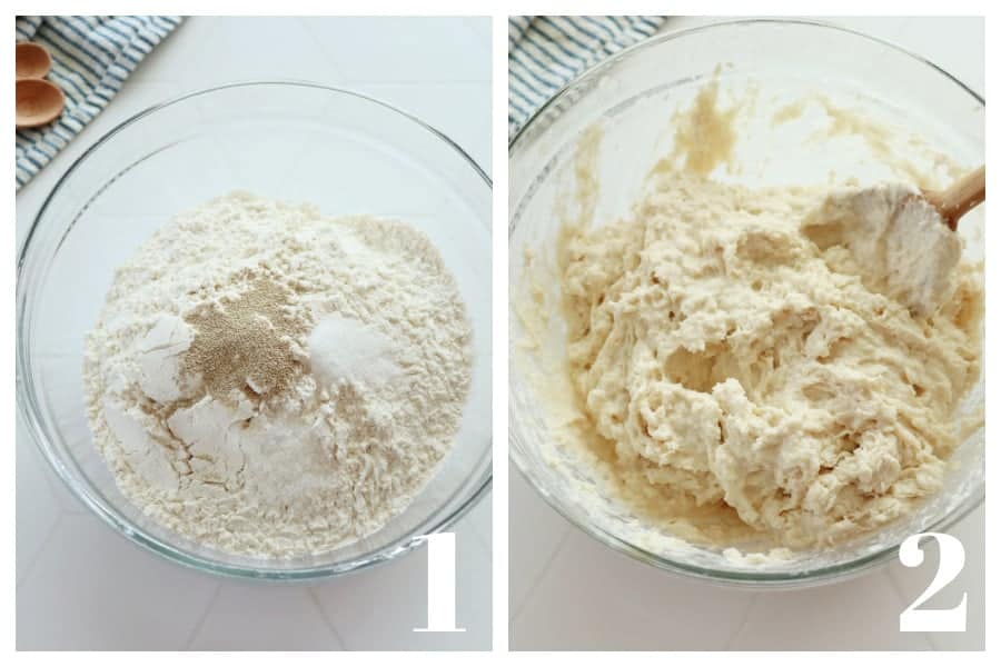 Flour, sugar, salt and yeast in a glass bowl and shaggy yeast dough in a bowl.