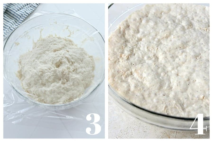 Yeast dough in a glass bowl covered with saran wrap and dough in a bowl doubled in size.