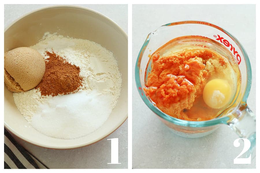 Dry ingredients in a mixing bowl and wet ingredients in a glass measuring cup, both set on a gray board.