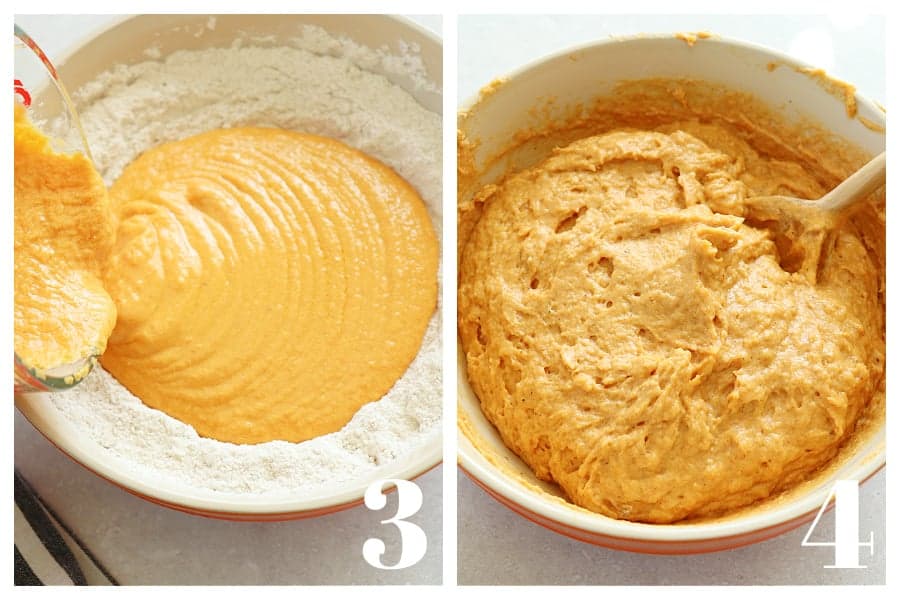 Photo collage of a pumpkin mixture poured over dry ingredients in a bowl and everything mixed together.