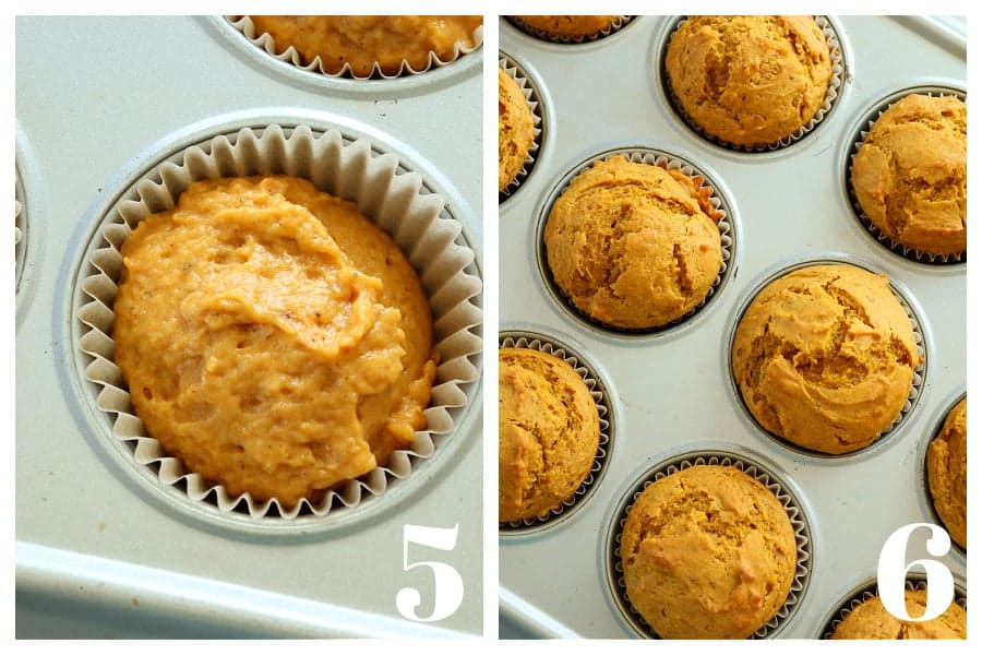 Photo collage of muffin batter in a muffin pan and baked pumpkins in a muffin pan.