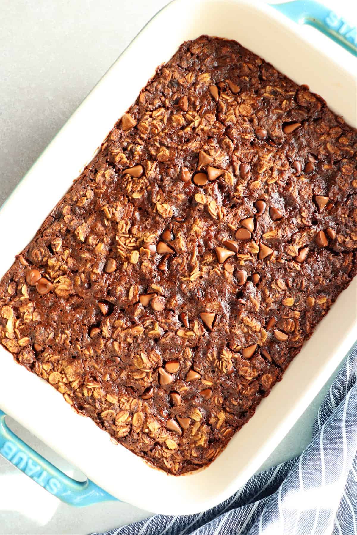 Chocolate oatmeal in a Staub rectangular baking dish.