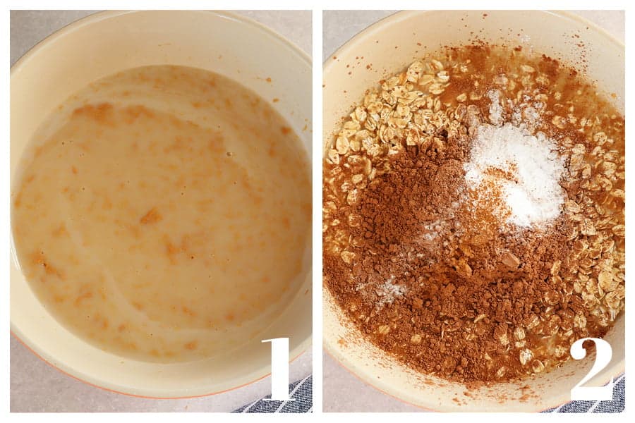 Photo collage with image of milk mixture in a mixing bowl and oats and dry ingredients added.