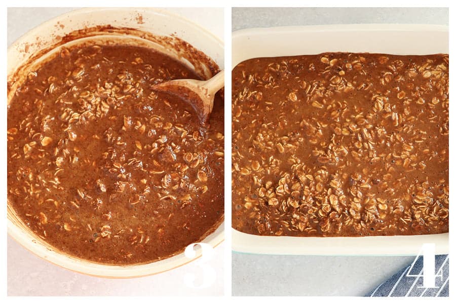 Chocolate oats mixture in a mixing bowl and in the baking dish.