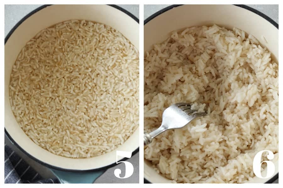 Photo collage with an image of cooked rice in a pot and an image of fluffed rice with a fork.