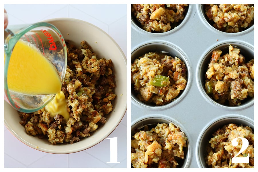 Two photos of making stuffing muffins in a muffin pan.