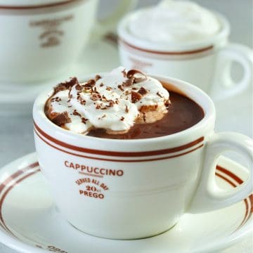 Hot chocolate in a mug on a saucer on a gray background.