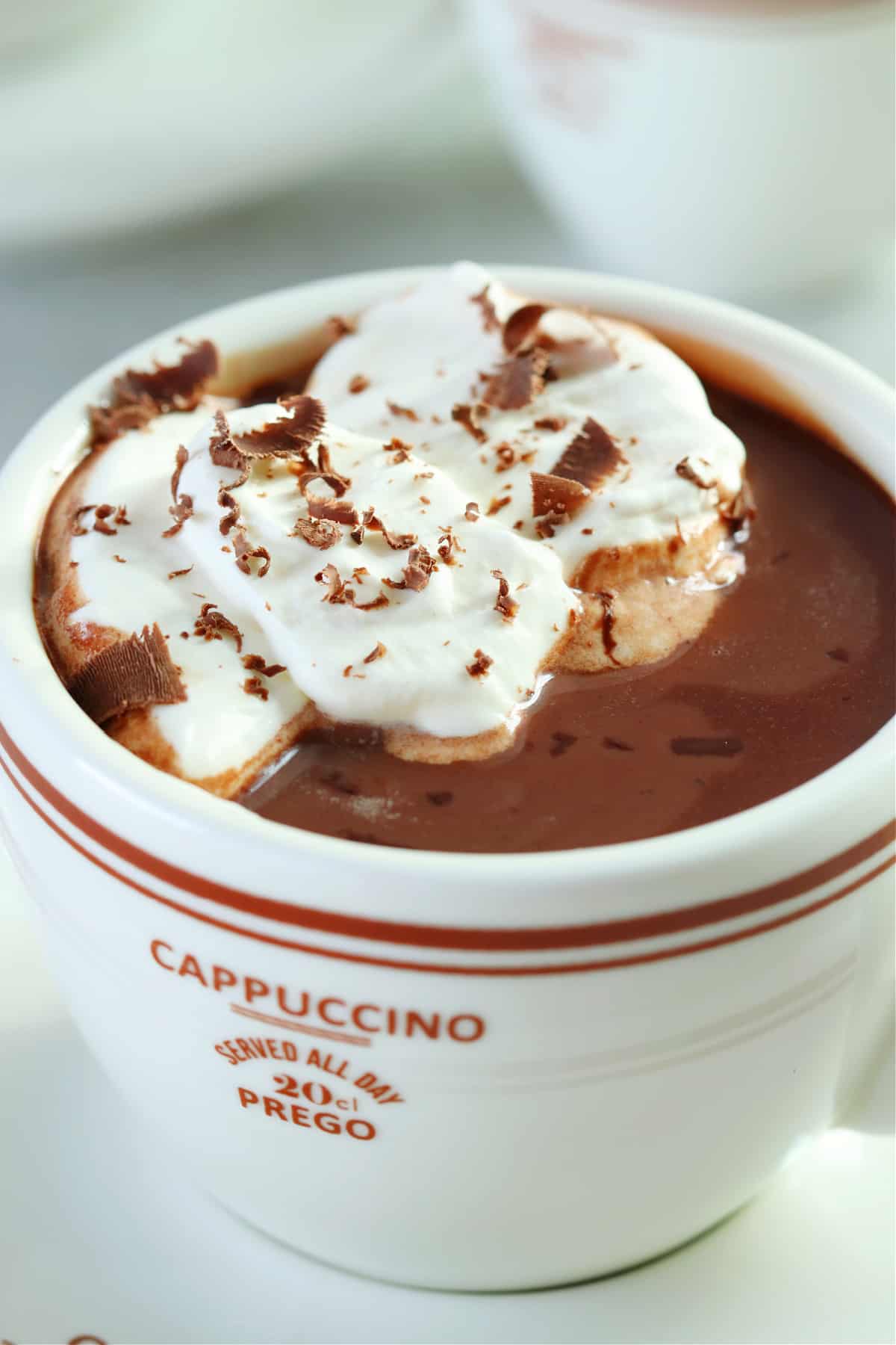 Close up photo of the whipped cream on hot chocolate in a white mug.