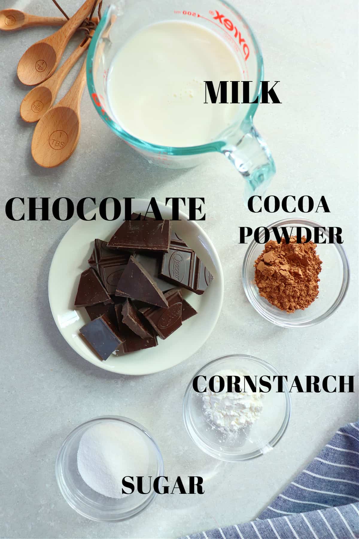 Chocolate, cocoa powder, sugar, cornstarch and milk in glass bowls on a gray background.