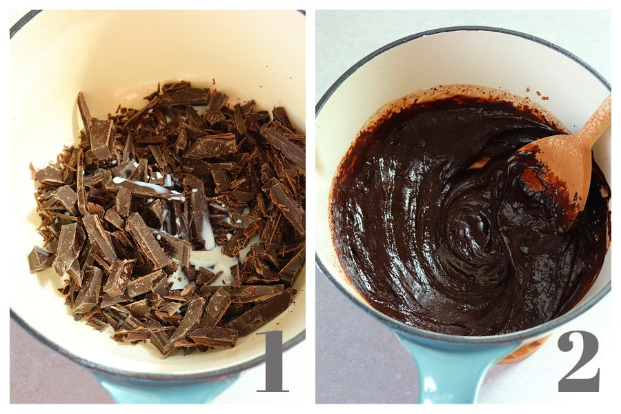 Chopped chocolate in a saucepan and melted chocolate in a pot.