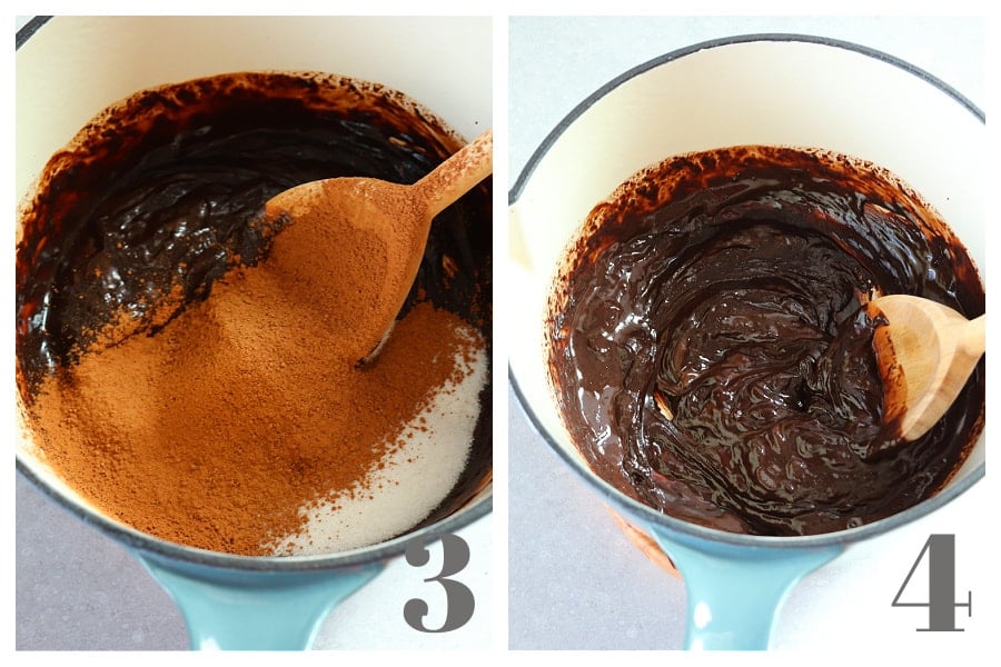 Cocoa powder on top of melted chocolate in a saucepan and the whole mixture stirred smooth in a pot.