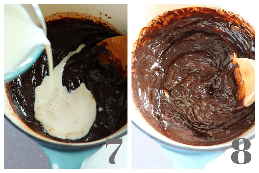 Pouring milk into chocolate in a saucepan and the whole mixture stirred smooth.