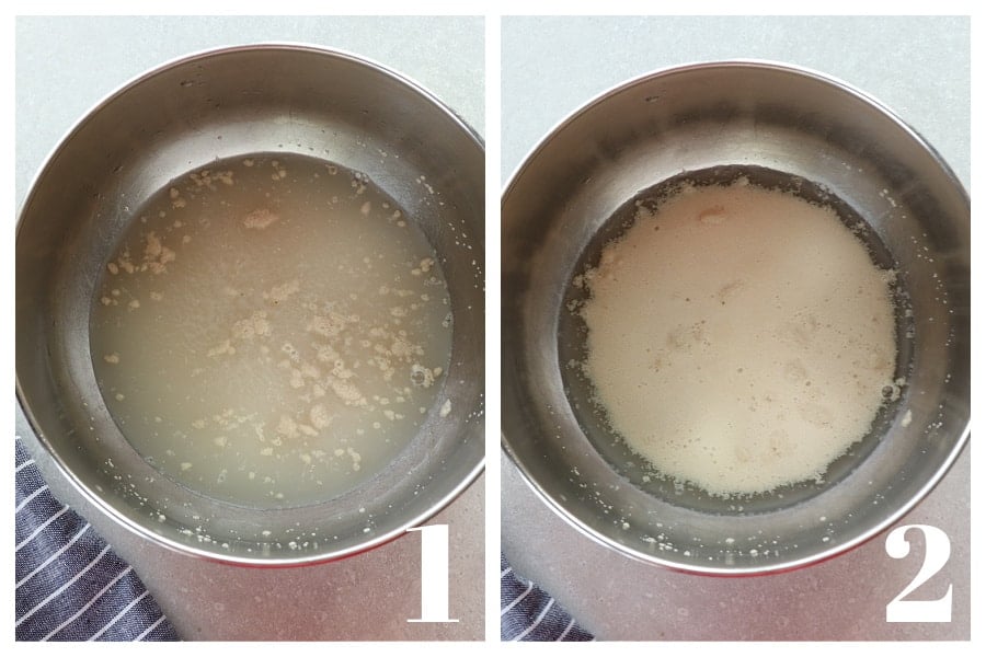 Water with yeast in a mixing bowl and yeast foam on top of water in the bowl.