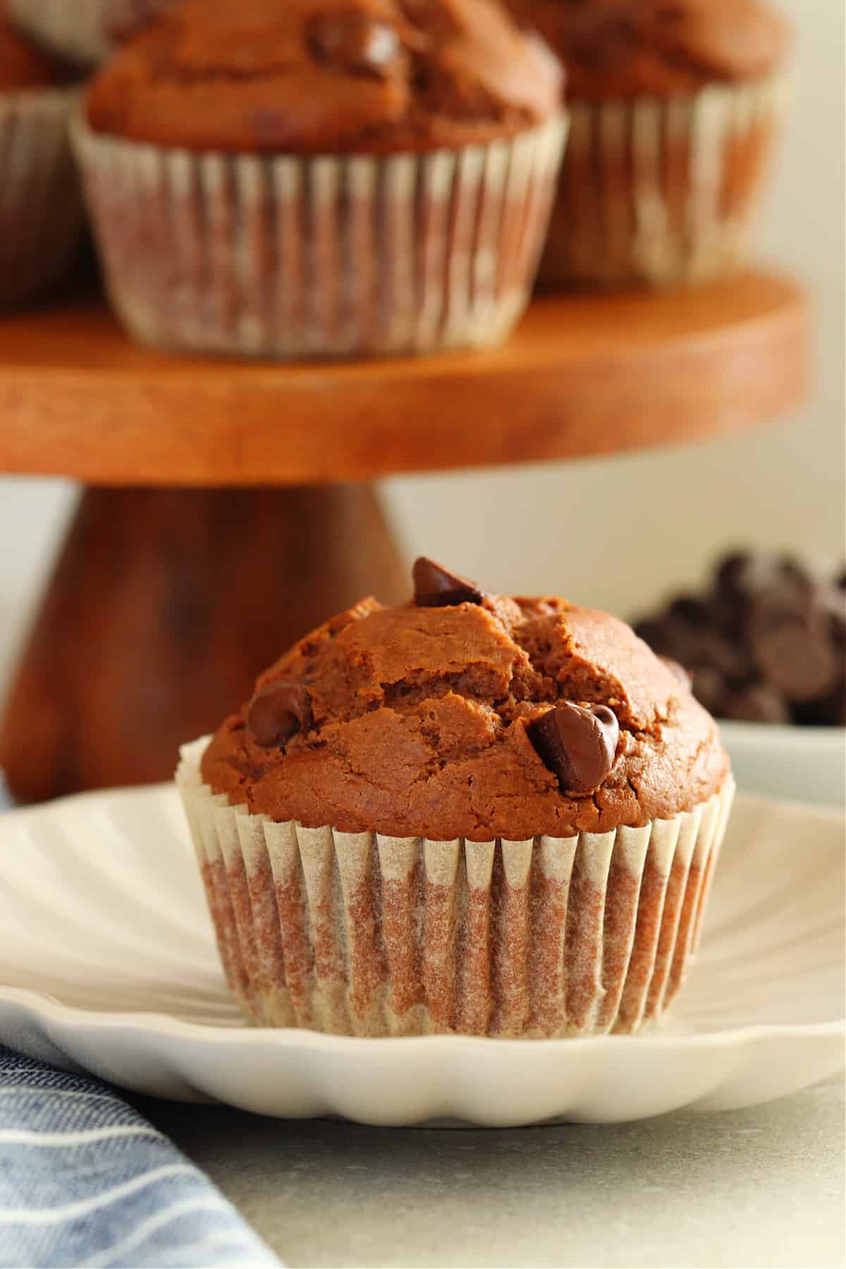 Chocolate muffin on a small plate with more muffins on a wooden cake stand in the background.