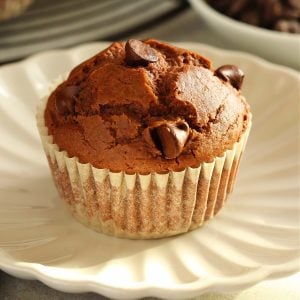Square image of a close up on chocolate muffin on a plate.