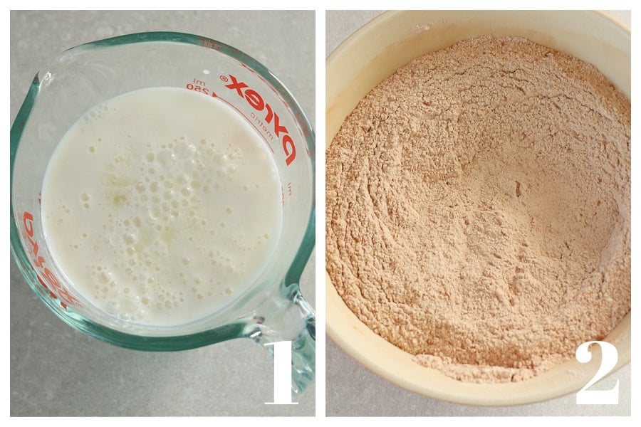 Wet ingredients in a glass cup and dry ingredients in a mixing bowl.