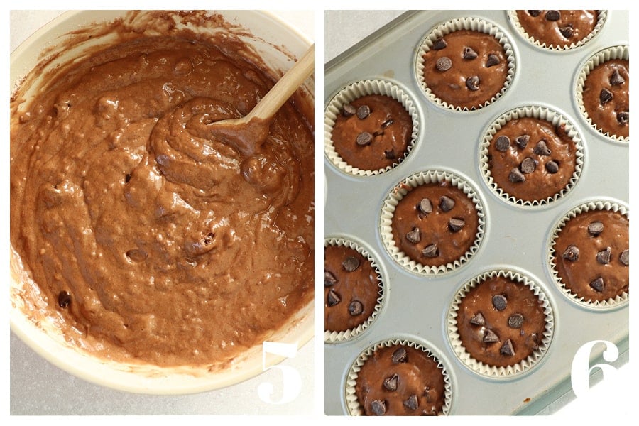 Chocolate muffin batter in a bowl and in wrappers in muffin pan.