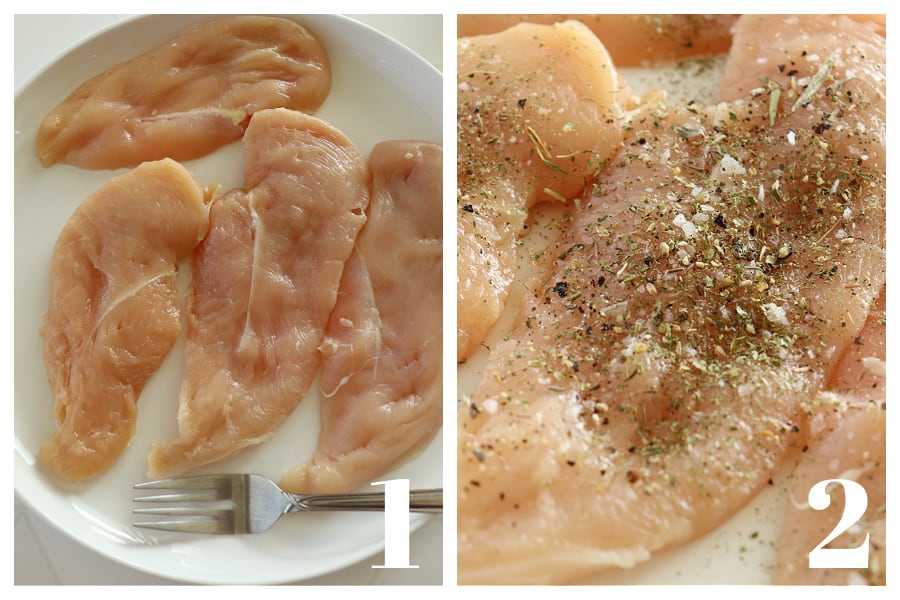 Sliced chicken breasts on a plate and seasoned with Italian seasoning, salt and pepper.