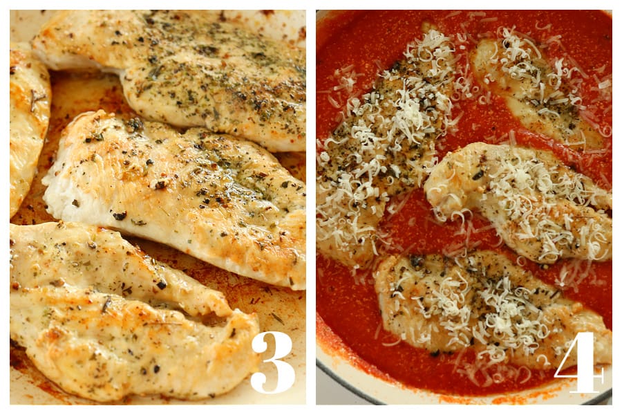 Seared chicken in a pan and chicken with tomato sauce in a pan.