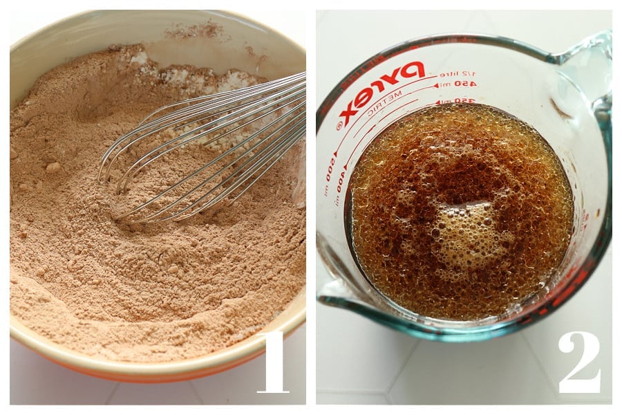 Dry ingredients in a mixing bowl and wet ingredients in a glass measuring cup.