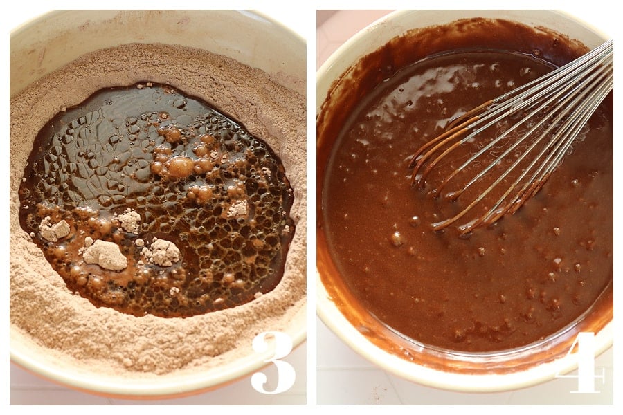 Wet ingredients poured into flour mixture and the batter with whisk in a mixing bowl.