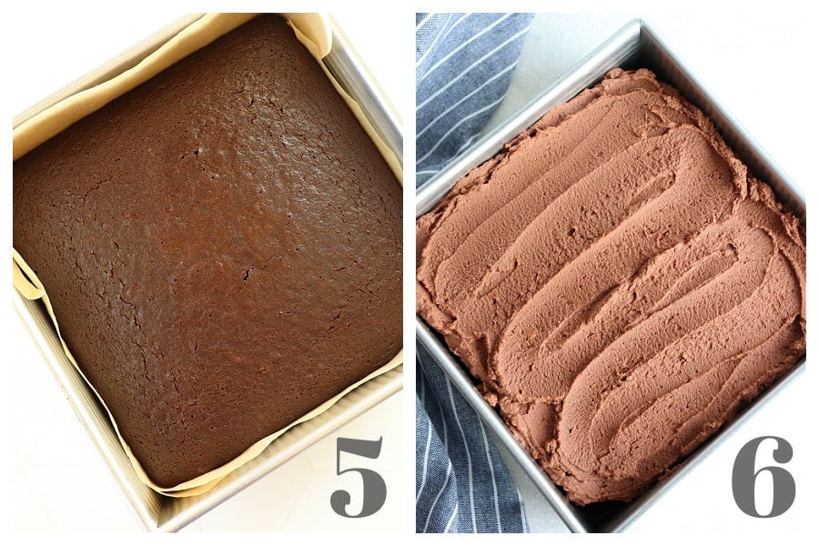 Baked chocolate cake in a square pan and frosted cake in a baking pan.