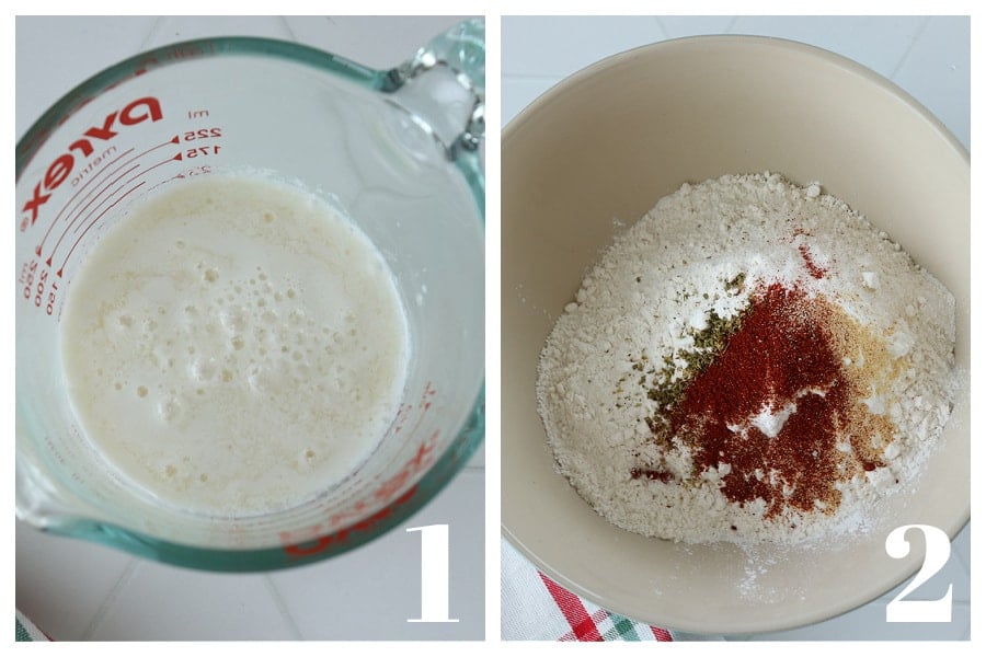 Buttermilk in a glass mug and dry ingredients in a mixing bowl.