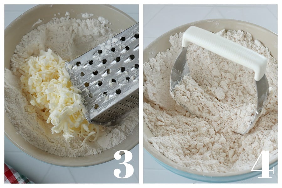 Butter shredded with cheese grater and all pastry cutter in a bowl with dry ingredients.