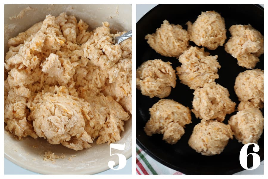 Biscuit dough in a bowl and scooped in a cast iron skillet.