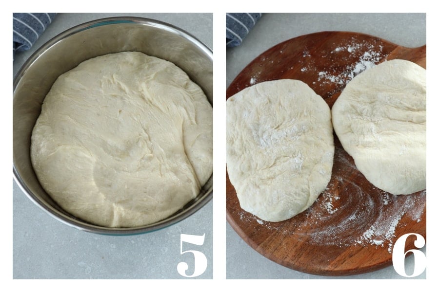 Ready pizza dough in a bowl and divided into two pieces on a cutting board.