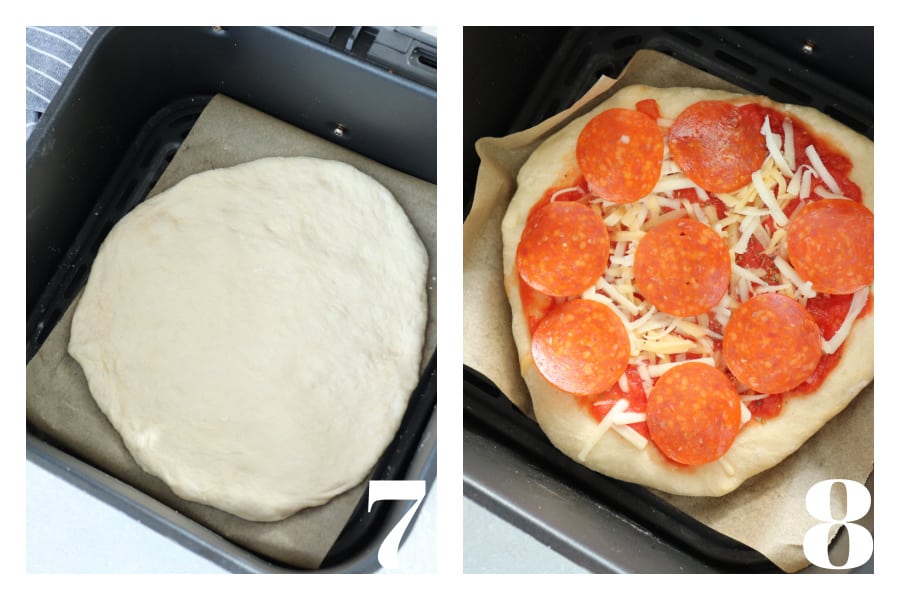 Shaped pizza dough in the air fryer basket and crust topped with sauce, cheese and pepperoni.