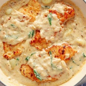 Chicken in creamy sauce in a white enameled cast iron pan, on a gray board.