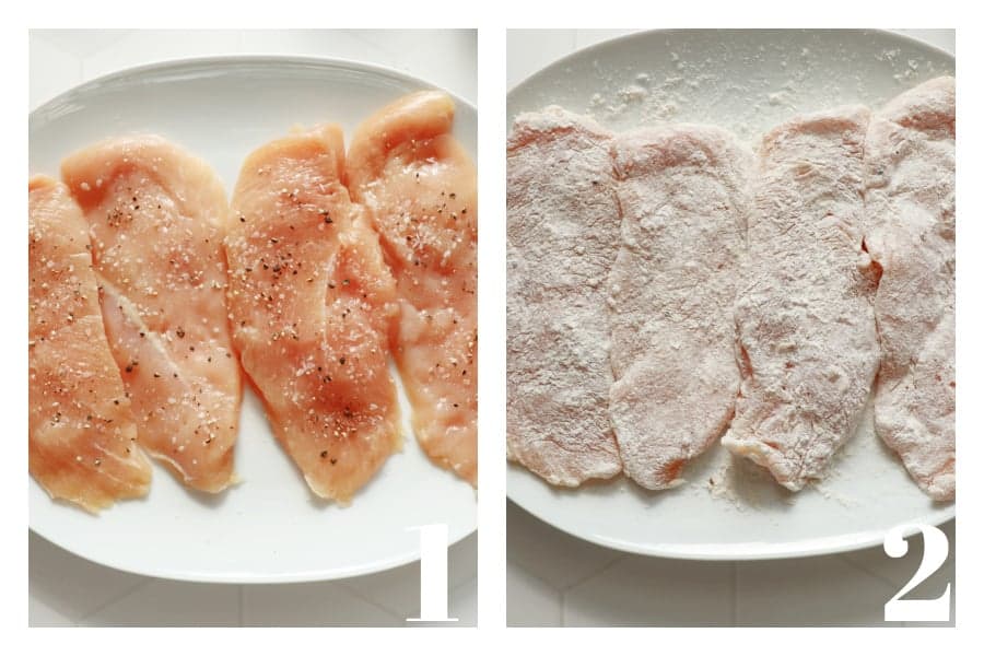 Raw chicken cutlets with salt and pepper on a plate and dredged in flour.