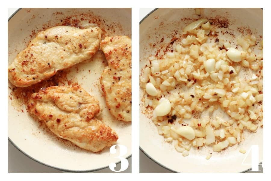 Chicken breasts browned in a skillet and onion and garlic sauteed in a pan.